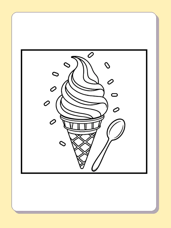 Soft-serve ice cream swirl in a crosshatched cone with a spoon