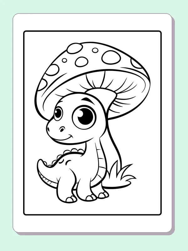 Black and white printable baby dinosaur beneath a giant mushroom coloring sheet