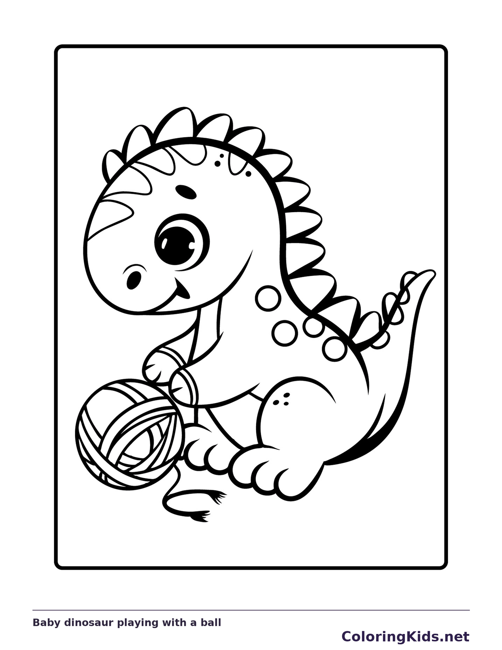 Black and white printable baby dinosaur playing with a ball coloring sheet