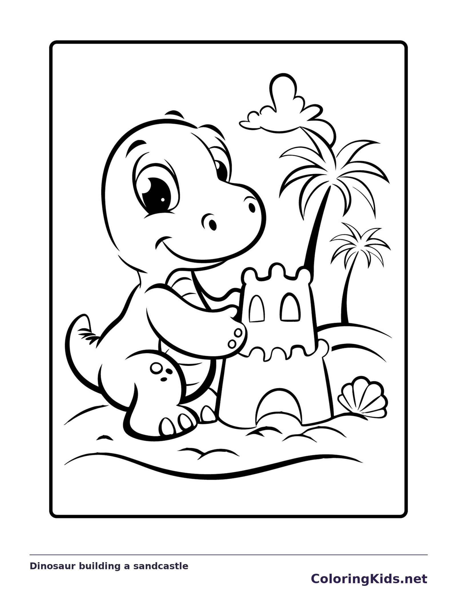 Black and white printable dinosaur building a sandcastle coloring sheet