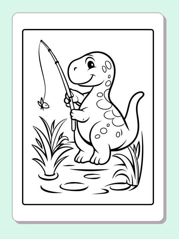 Black and white printable dinosaur fishing beside the pond coloring sheet