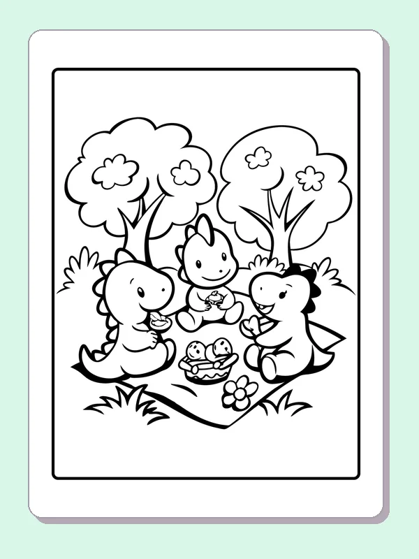 Black and white printable dinosaur friends sharing a picnic coloring sheet