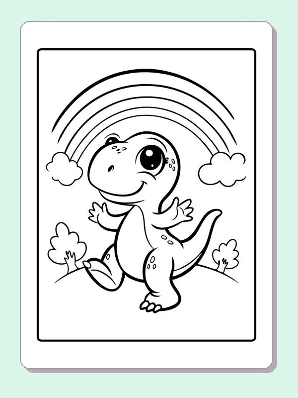 Black and white printable dinosaur skipping under a rainbow coloring sheet