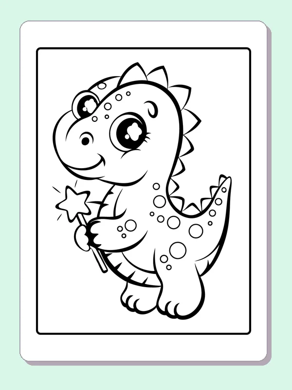 Black and white printable dinosaur waving a star wand coloring sheet