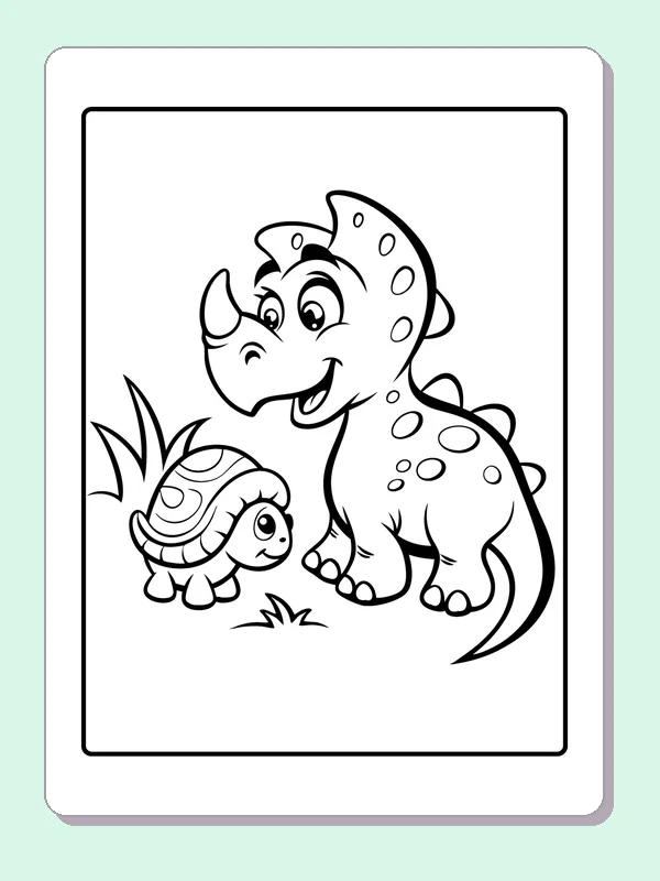 Black and white printable horned dinosaur meeting a tiny friend coloring sheet