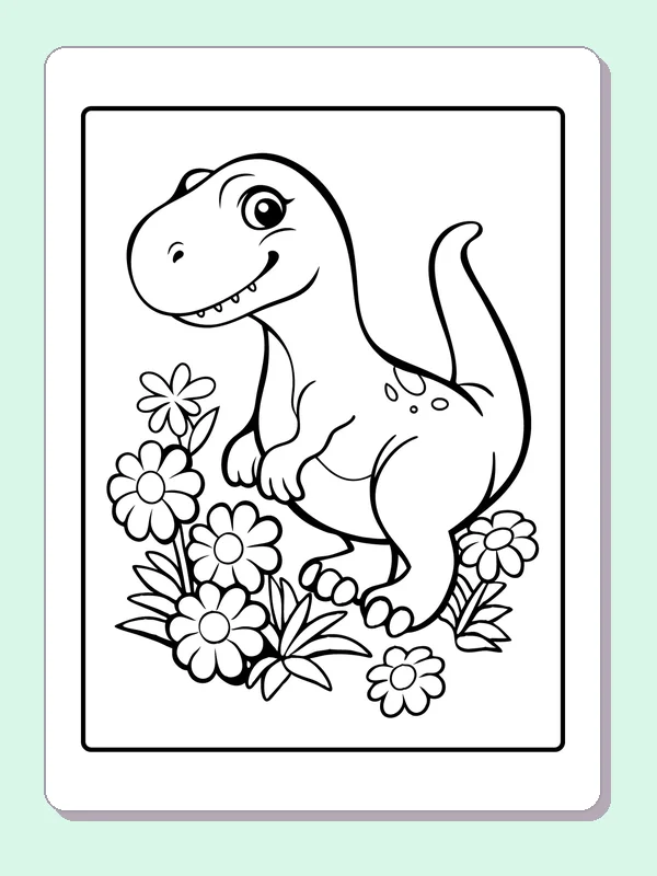 Black and white printable long-neck relaxing among flowers coloring sheet