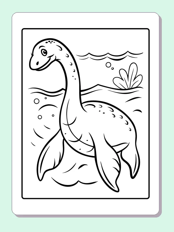 Black and white printable long-neck swimming near reeds coloring sheet