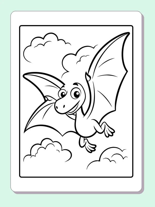 Black and white printable prehistoric flyer above soft clouds coloring sheet