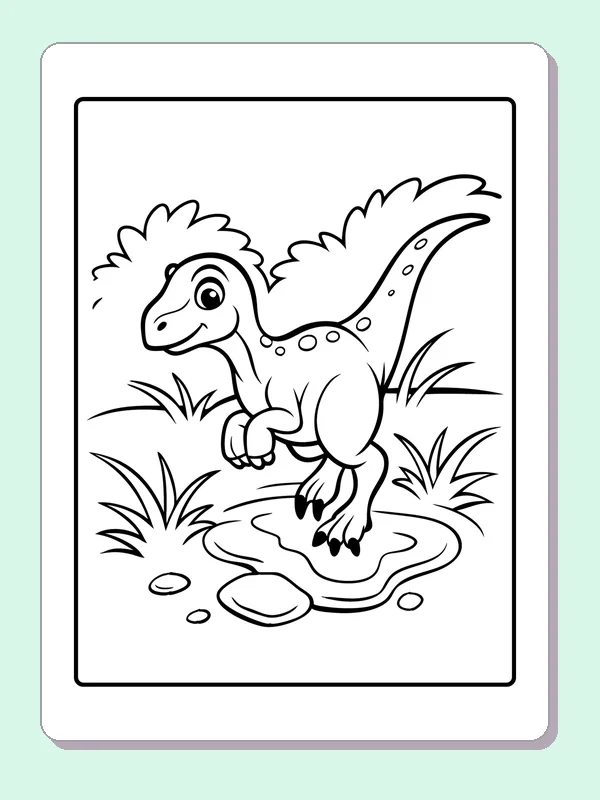 Black and white printable running dinosaur splashing in a puddle coloring sheet