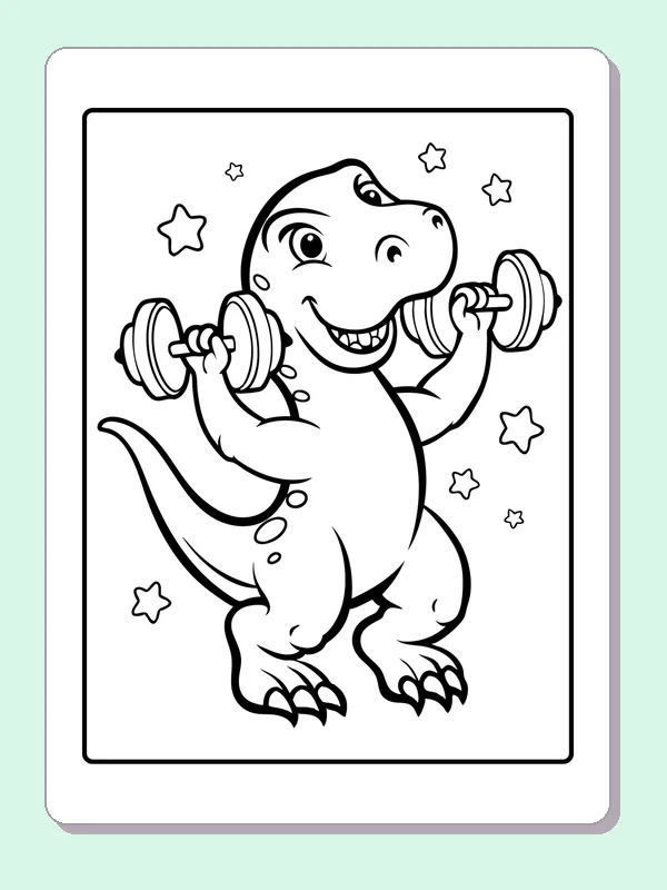 Black and white printable strong dinosaur lifting small weights coloring sheet