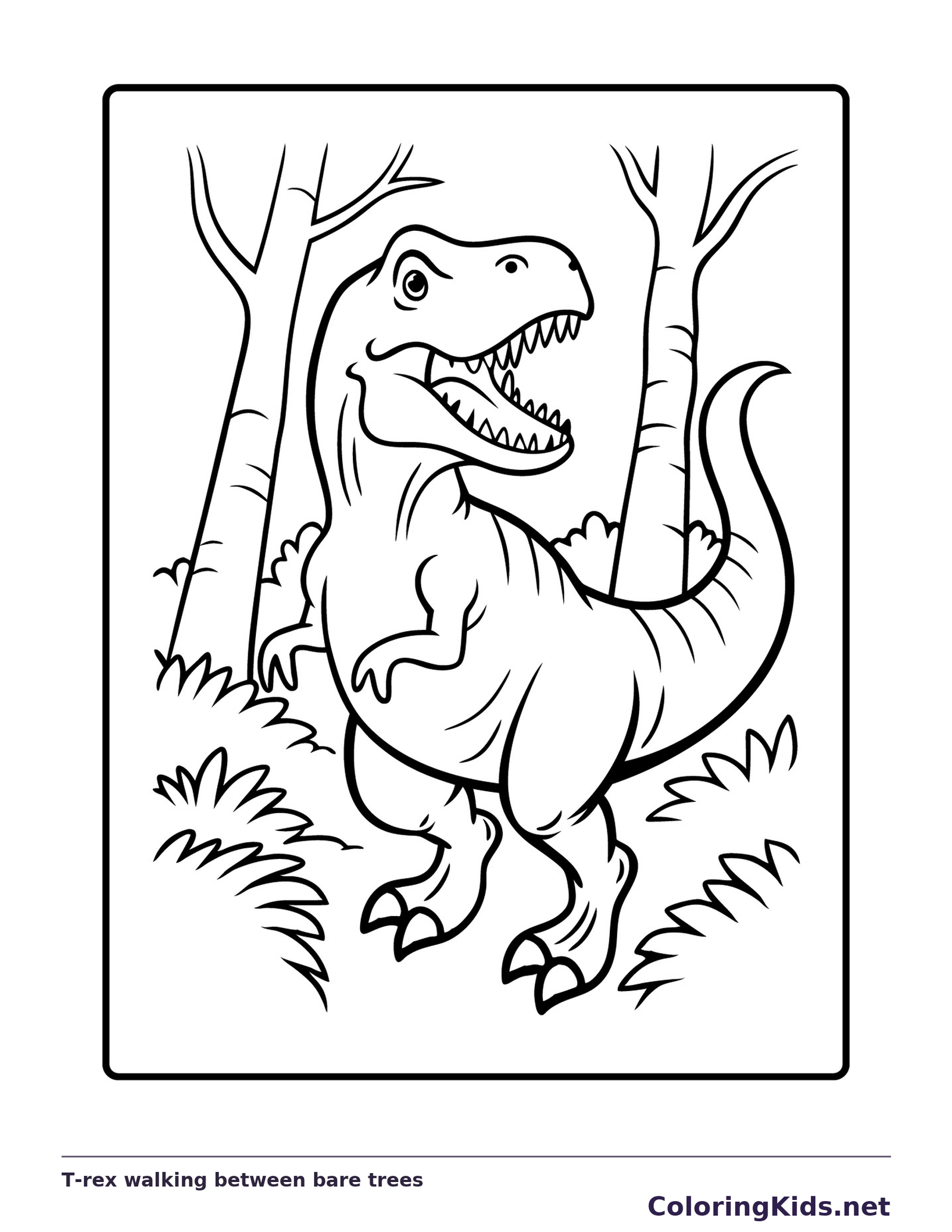 Black and white printable t-rex walking between bare trees coloring sheet