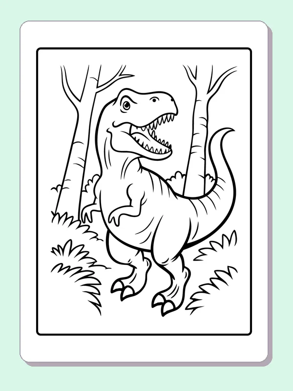 Black and white printable t-rex walking between bare trees coloring sheet