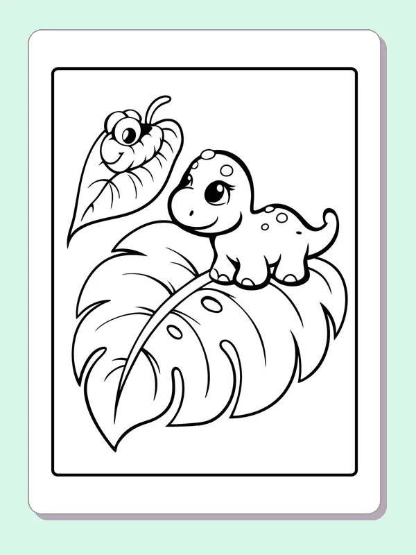 Black and white printable tiny dinosaur resting on a leaf coloring sheet