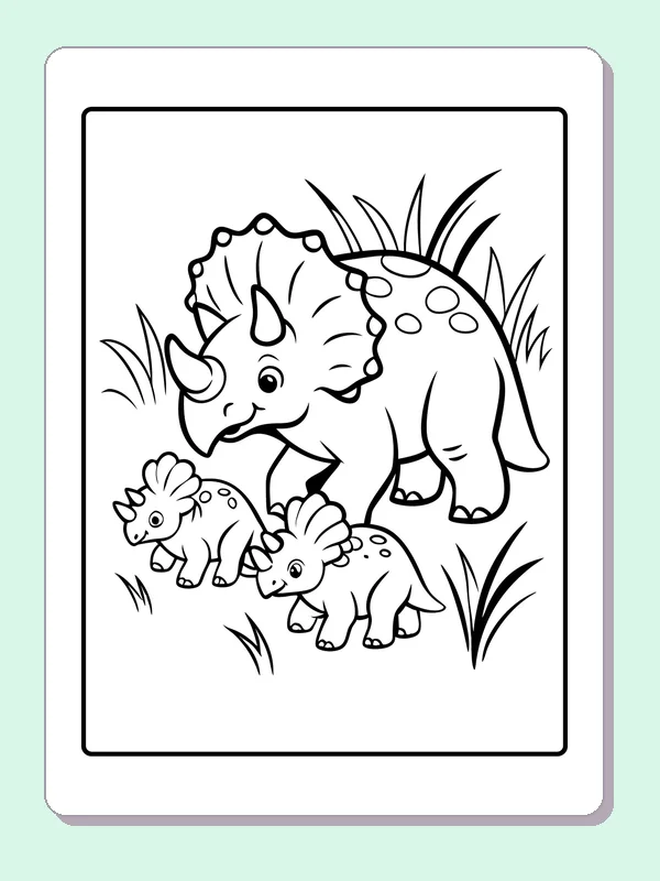 Black and white printable triceratops family moving through grass coloring sheet