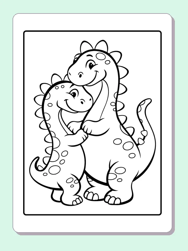 Black and white printable two long-necks in a gentle hug coloring sheet