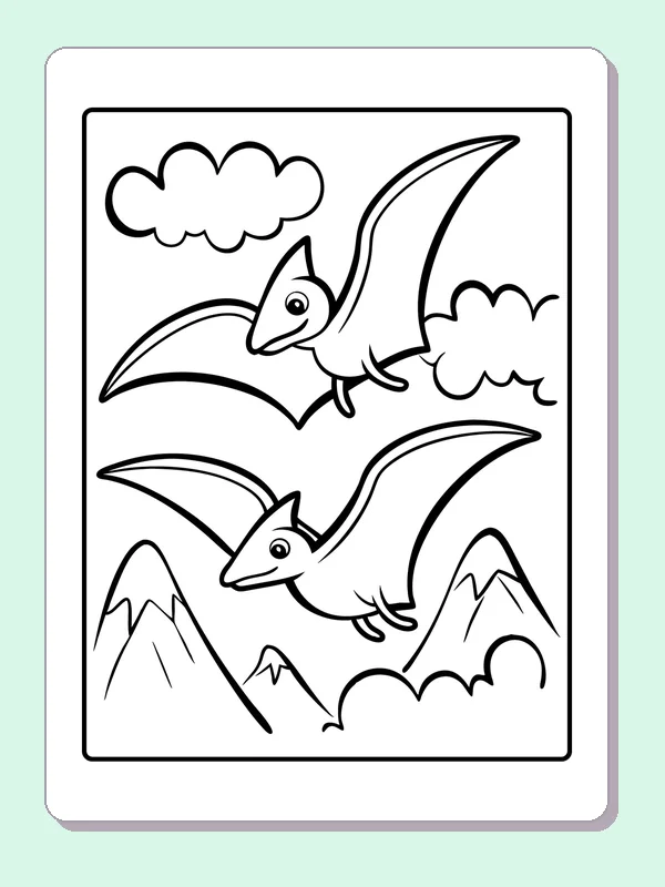 Black and white printable two prehistoric flyers over mountains coloring sheet