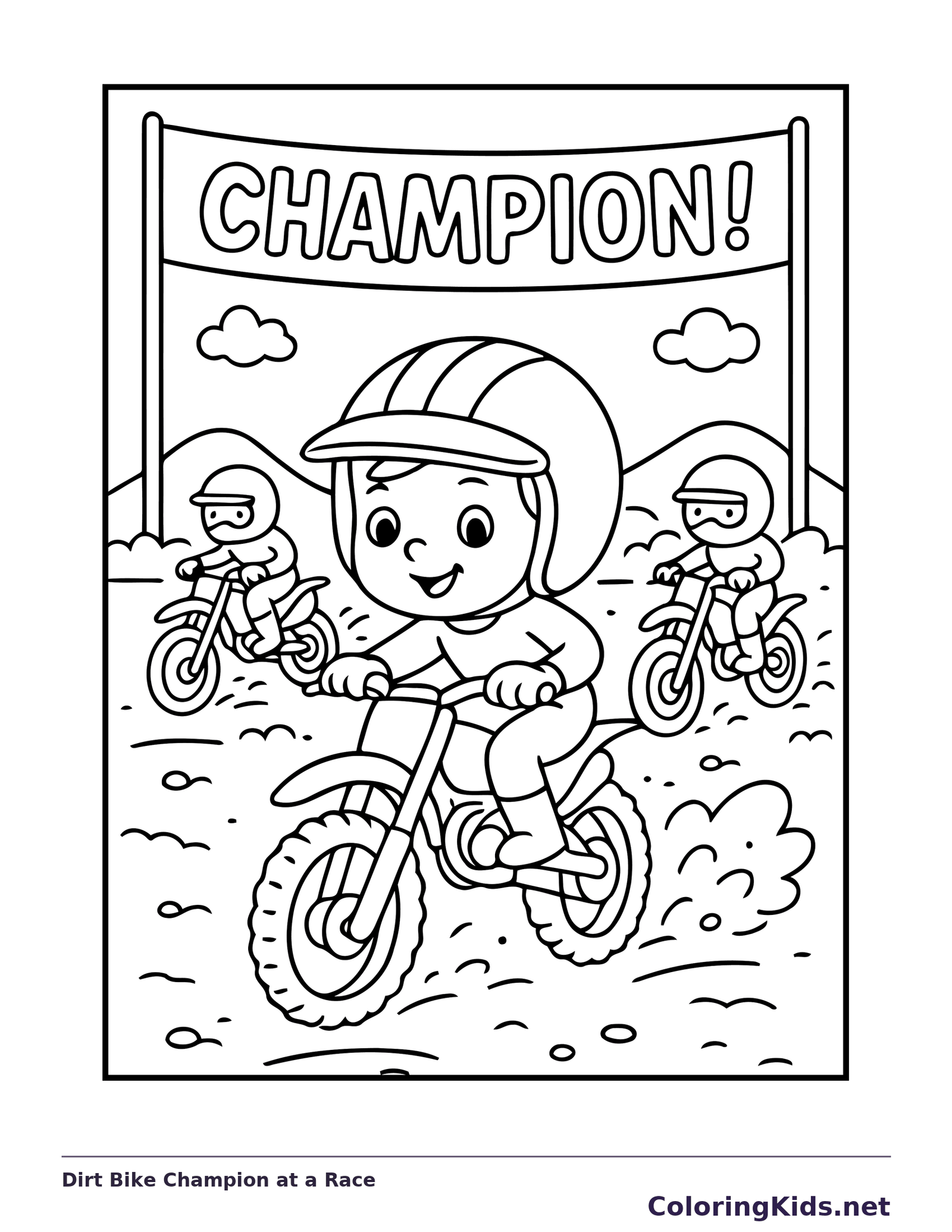 Black and white printable dirt bike champion at a race coloring sheet