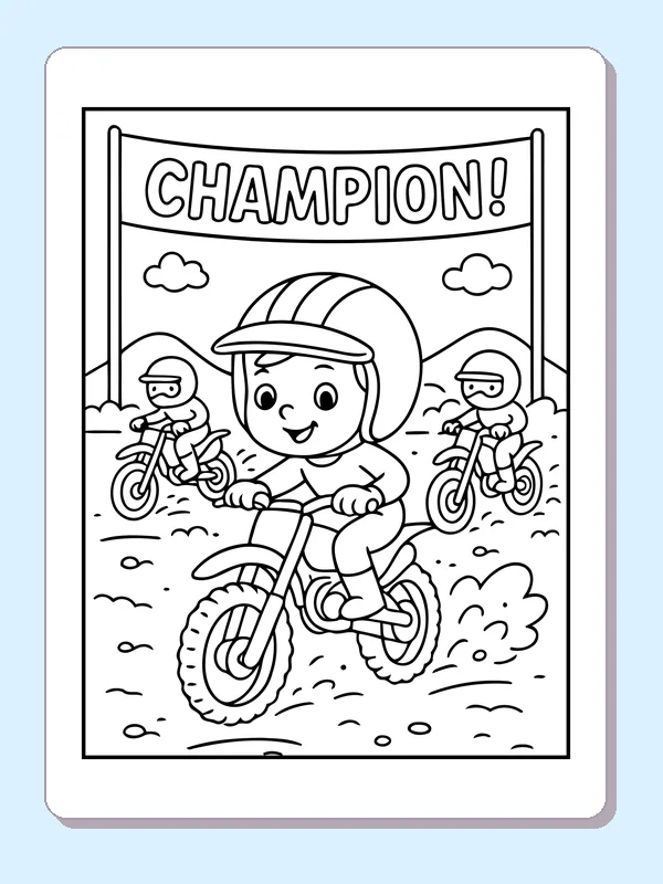 Black and white printable dirt bike champion at a race coloring sheet