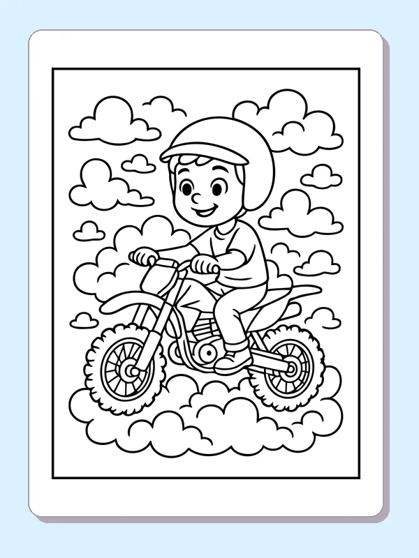 Black and white printable dirt bike rider above puffy clouds coloring sheet