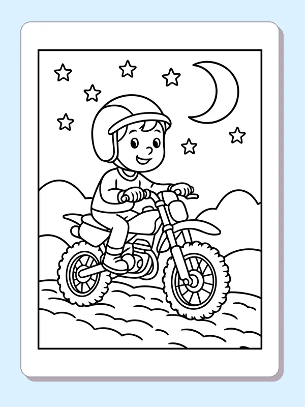 Black and white printable dirt bike rider beneath stars and moon coloring sheet