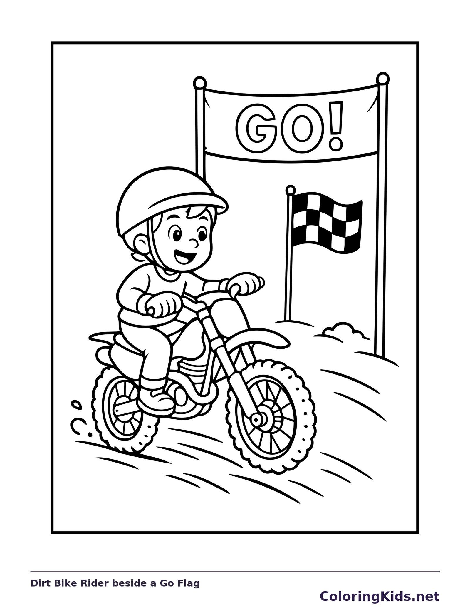 Black and white printable dirt bike rider beside a go flag coloring sheet