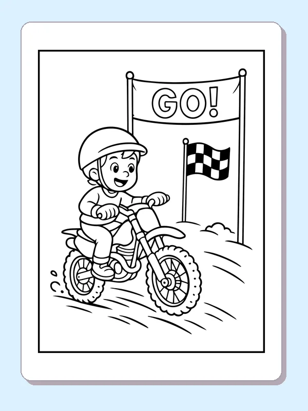 Black and white printable dirt bike rider beside a go flag coloring sheet