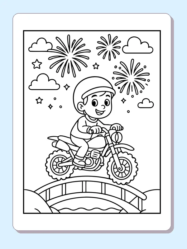 Black and white printable dirt bike rider crossing a firework bridge coloring sheet