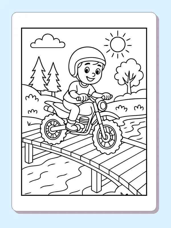 Black and white printable dirt bike rider crossing a wooden bridge coloring sheet