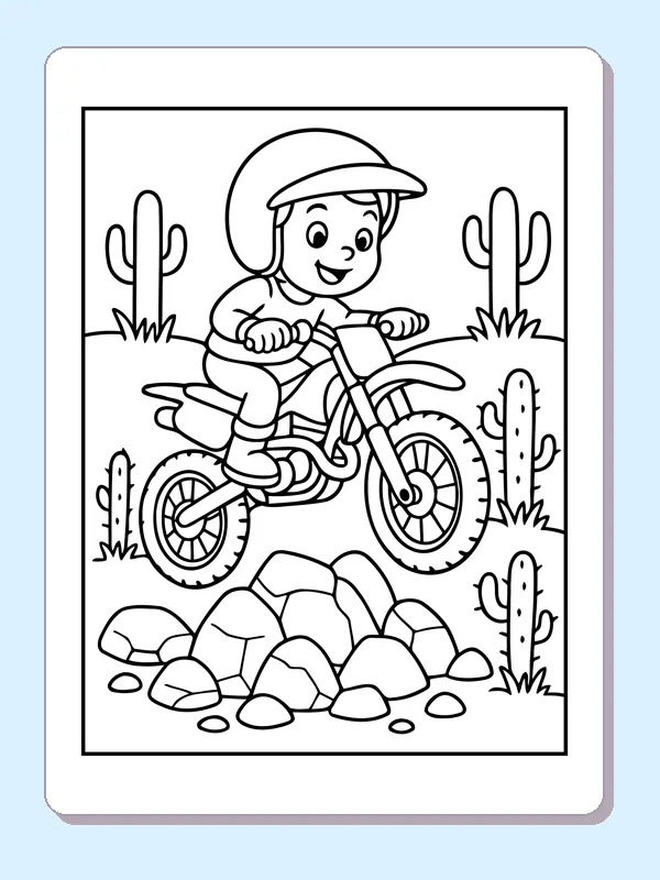 Black and white printable dirt bike rider crossing desert rocks coloring sheet
