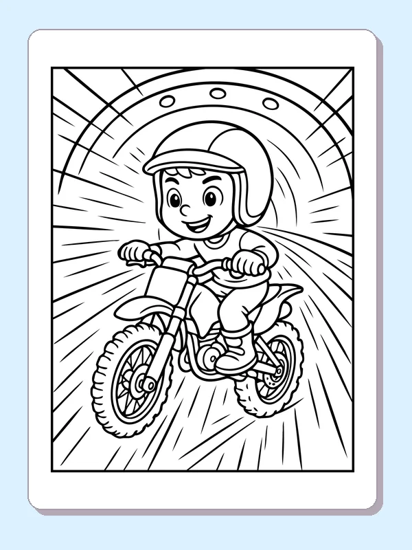 Black and white printable dirt bike rider in a speed tunnel coloring sheet