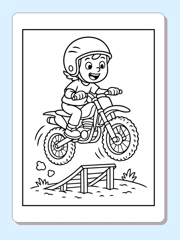 Black and white printable dirt bike rider jumping a small ramp coloring sheet