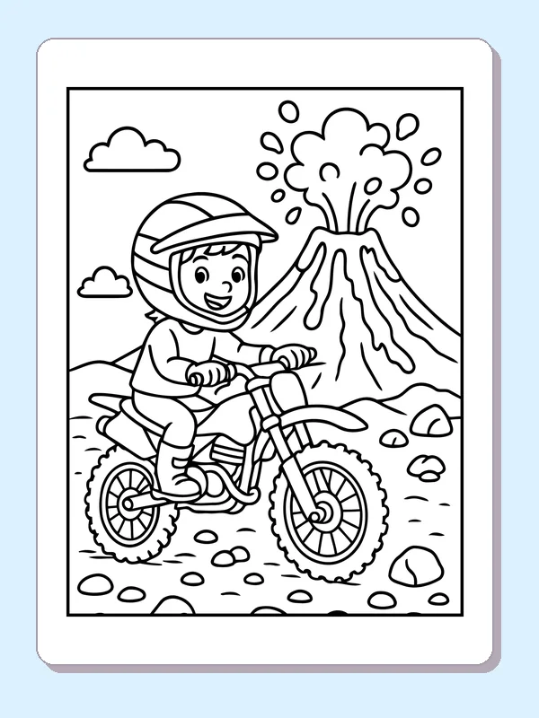 Black and white printable dirt bike rider near a volcano coloring sheet