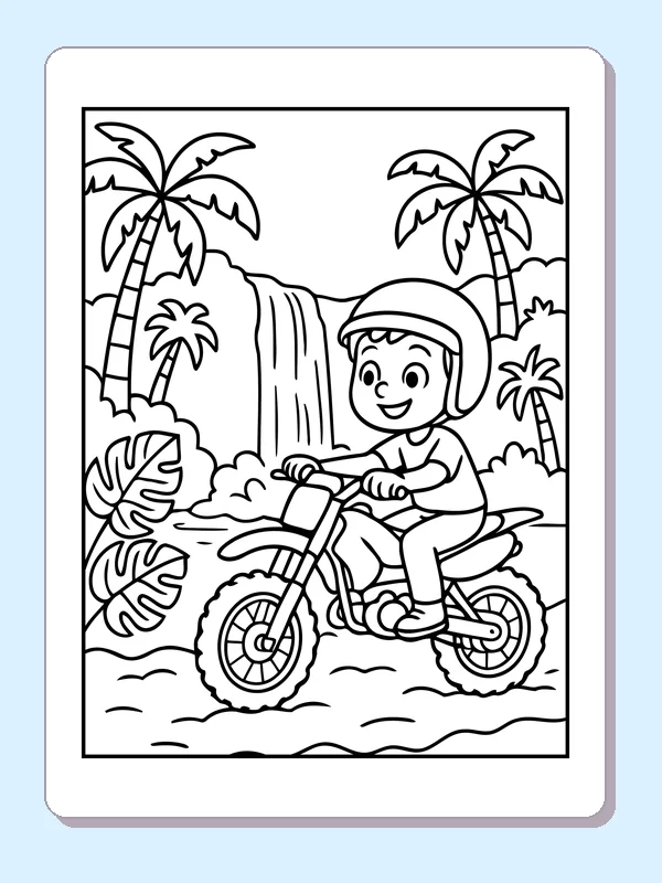 Black and white printable dirt bike rider near a waterfall coloring sheet
