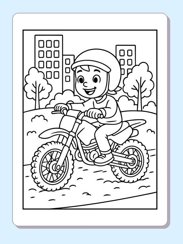 Black and white printable dirt bike rider on a city trail coloring sheet