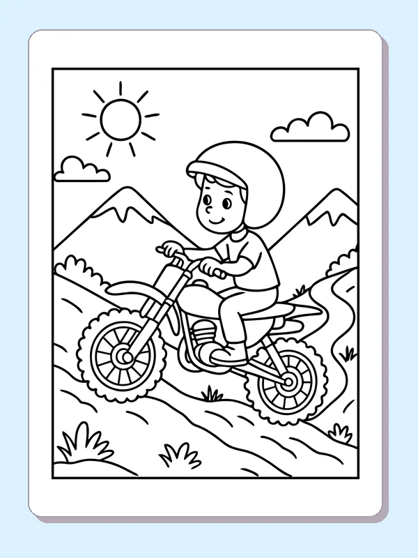 Black and white printable dirt bike rider on a mountain road coloring sheet