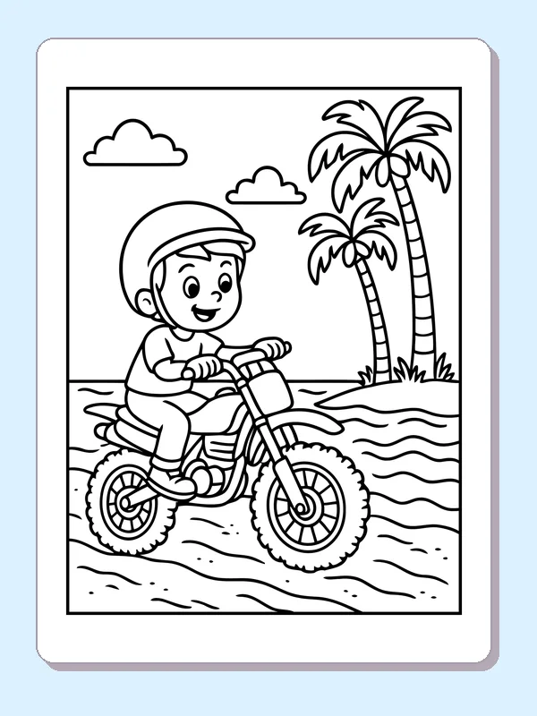 Black and white printable dirt bike rider on a palm-tree beach coloring sheet