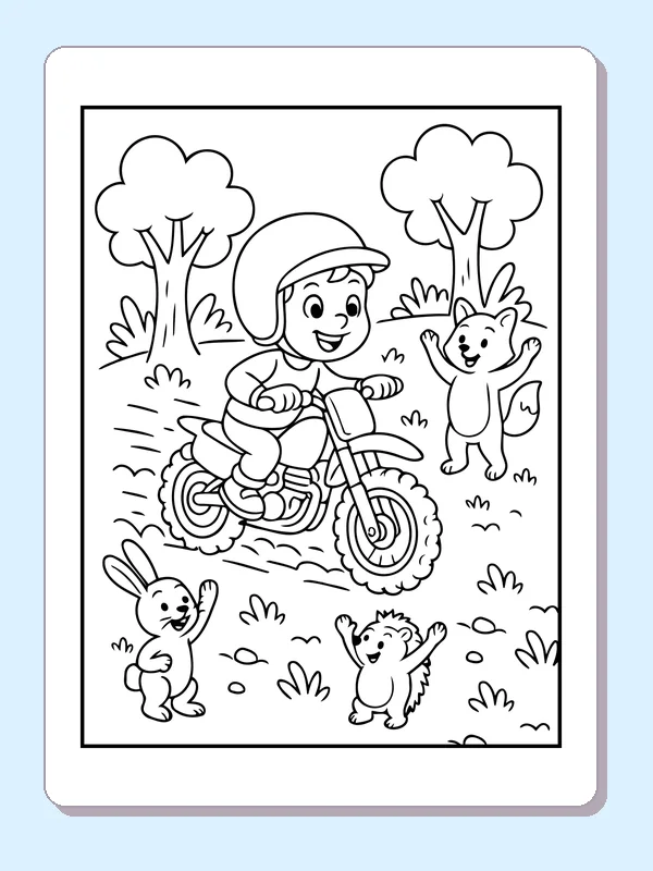 Black and white printable dirt bike rider passing woodland animals coloring sheet