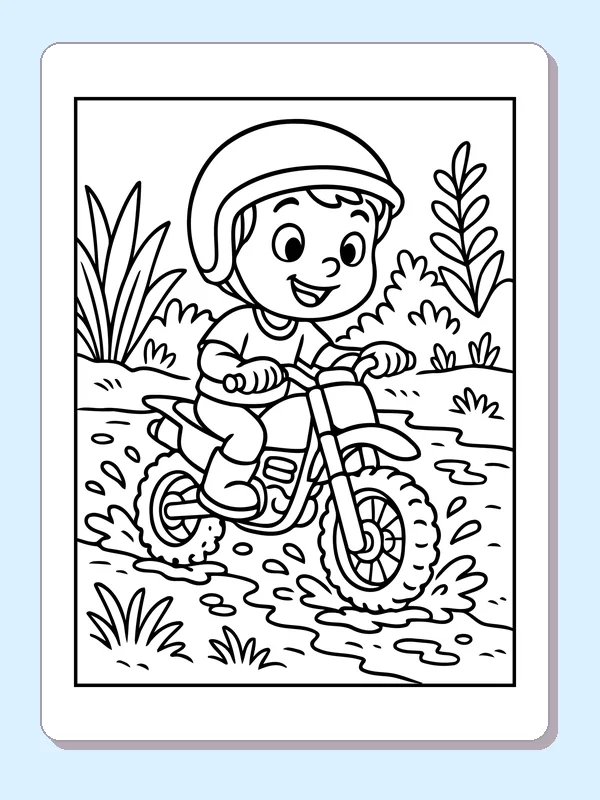Black and white printable dirt bike rider splashing through mud coloring sheet