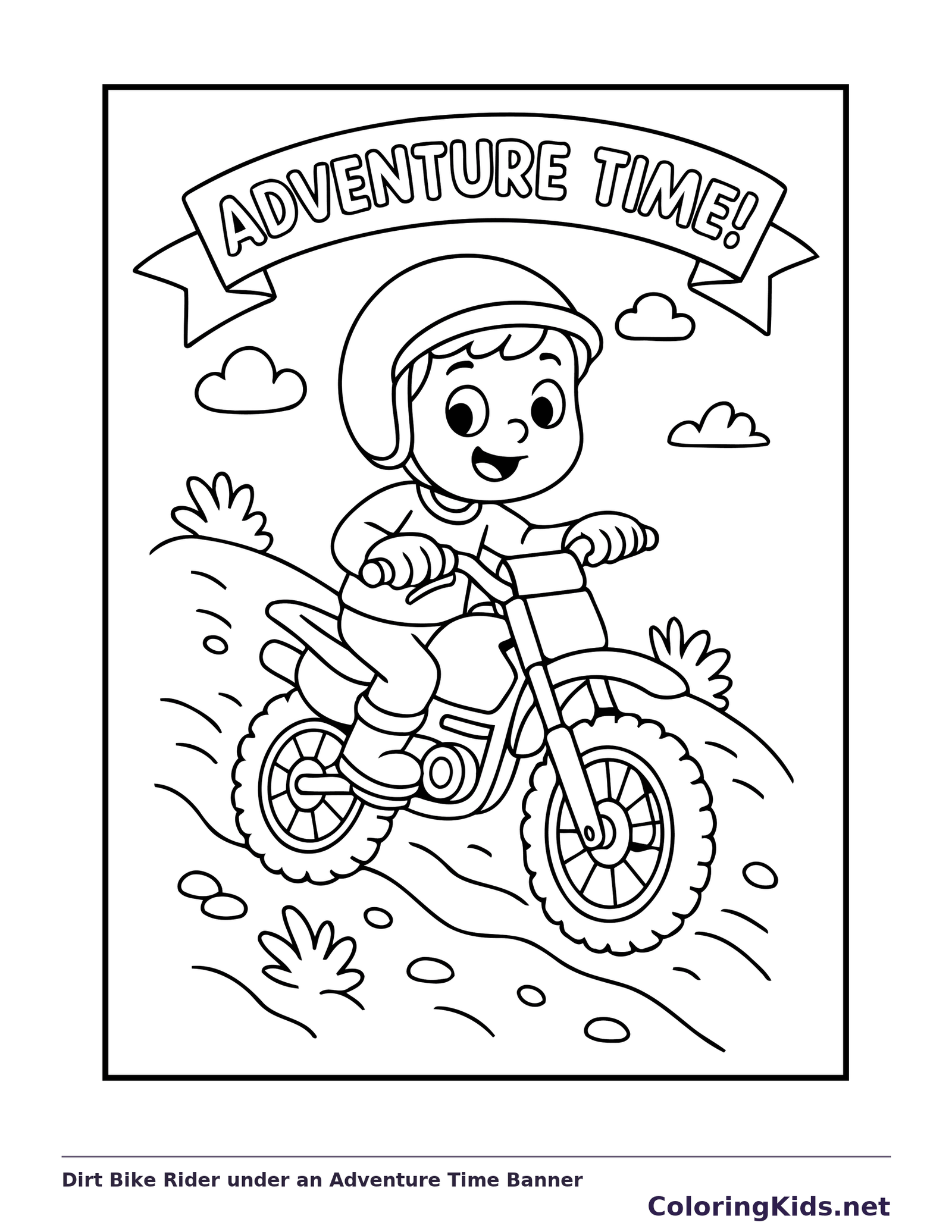 Black and white printable dirt bike rider under an adventure time banner coloring sheet