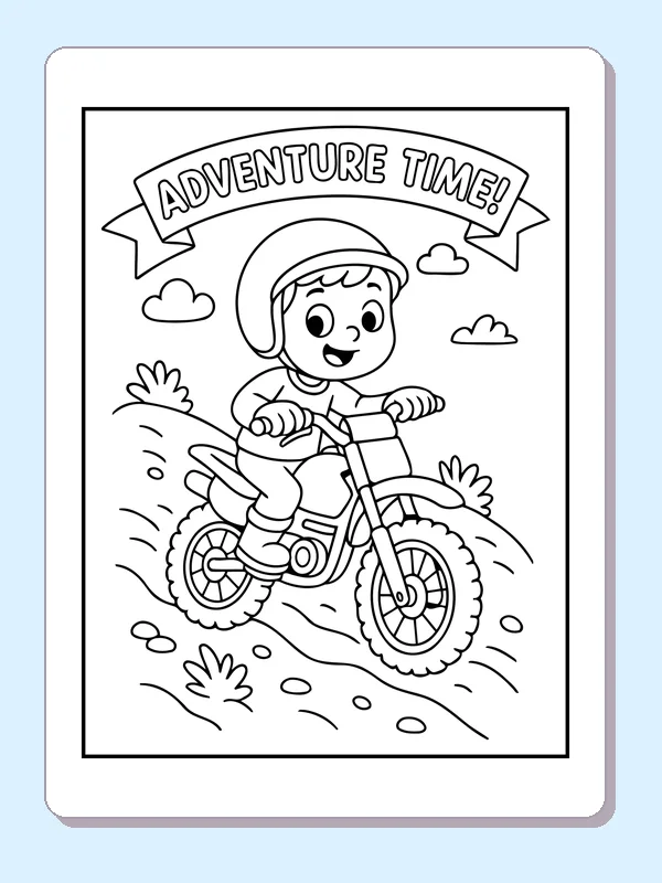 Black and white printable dirt bike rider under an adventure time banner coloring sheet