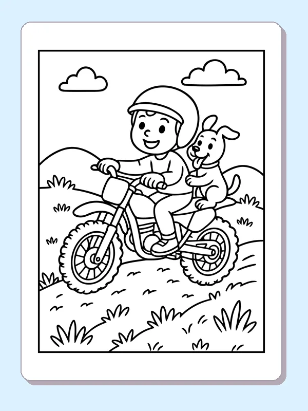 Black and white printable dirt bike rider with a puppy passenger coloring sheet