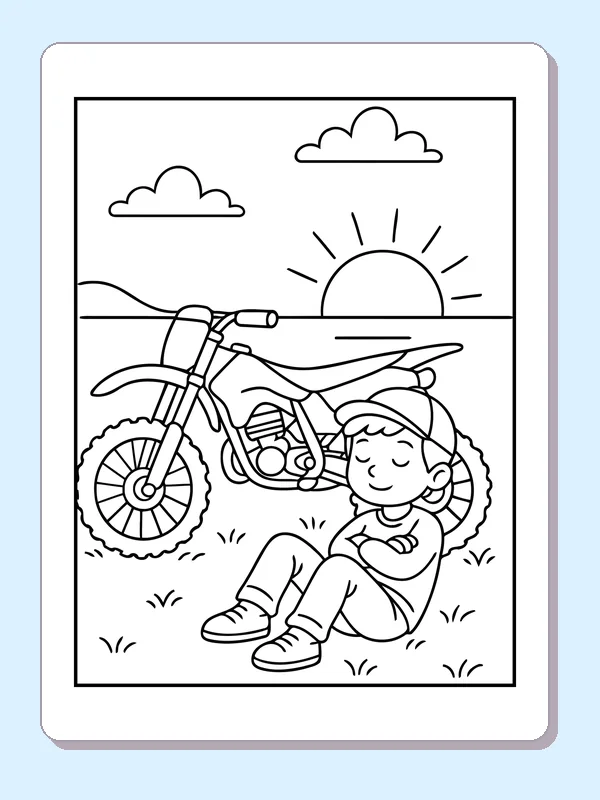Black and white printable rider resting beside a dirt bike at sunset coloring sheet