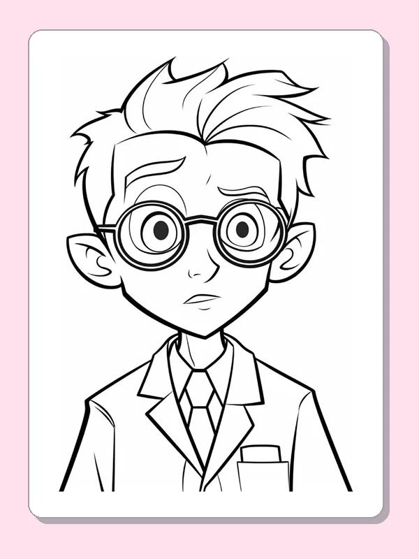 Black and white printable close-up doctor with large glasses coloring sheet