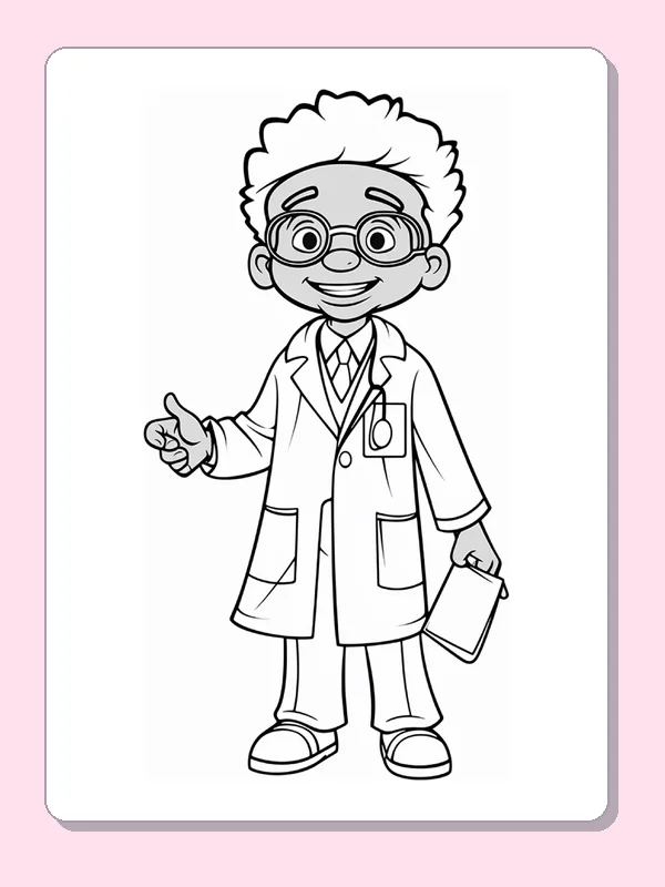 Black and white printable doctor holding a clipboard coloring sheet
