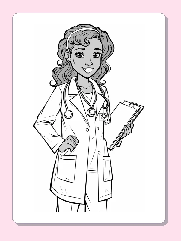 Black and white printable doctor with curly hair and a clipboard coloring sheet