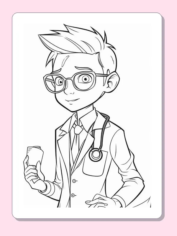 Black and white printable doctor holding a small bottle coloring sheet