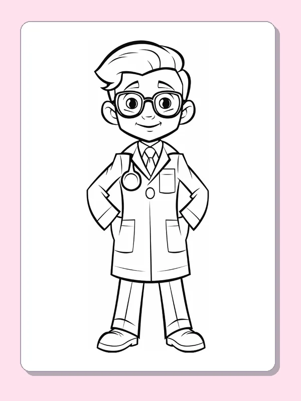 Black and white printable doctor in a coat and round glasses coloring sheet