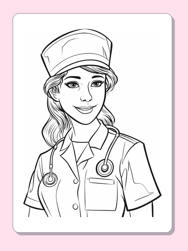 Black and white printable medical worker in a cap and stethoscope coloring sheet
