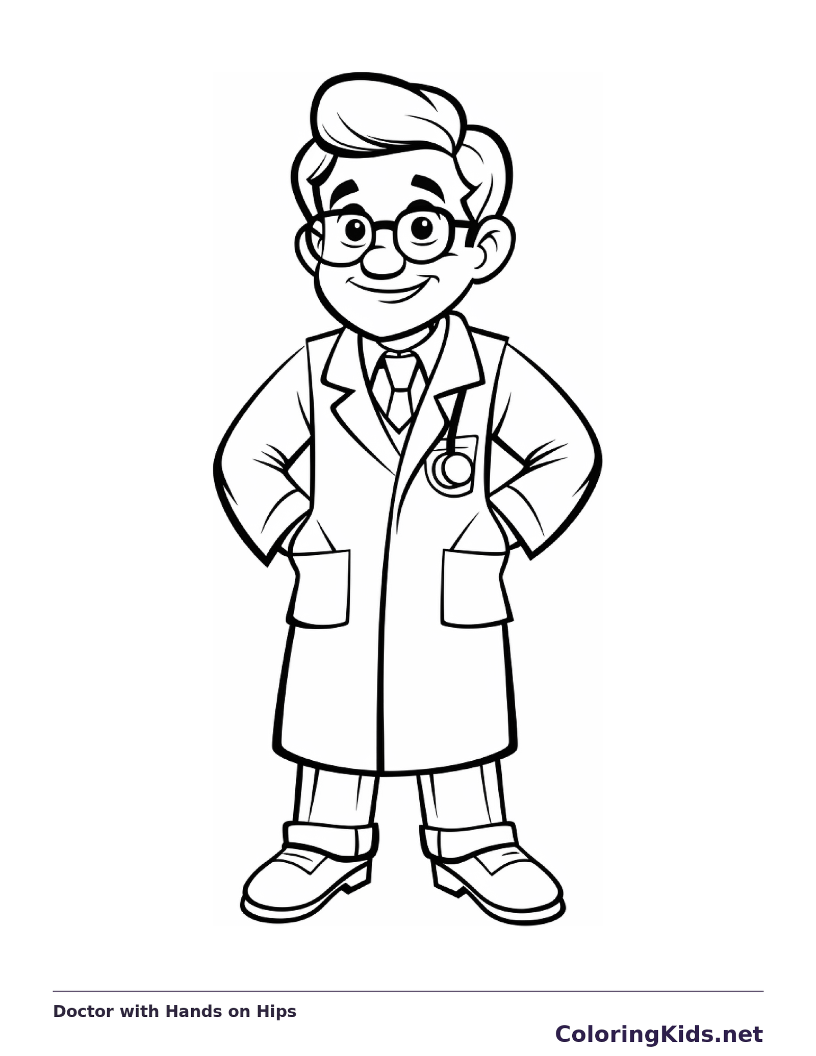 Black and white printable doctor with hands on hips coloring sheet