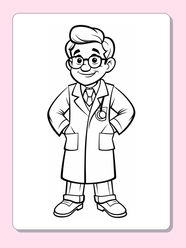 Black and white printable doctor with hands on hips coloring sheet